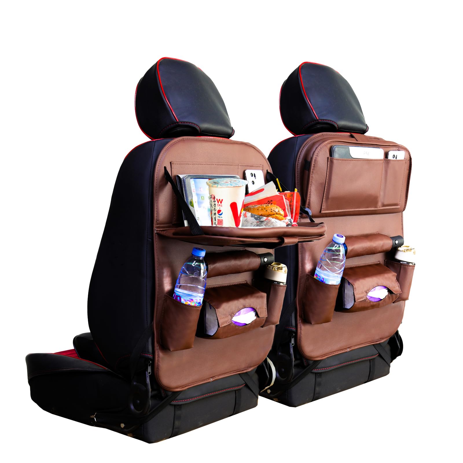 Deluxe Backseat Car Organizer with Tray - PU Leather, Twin Pack