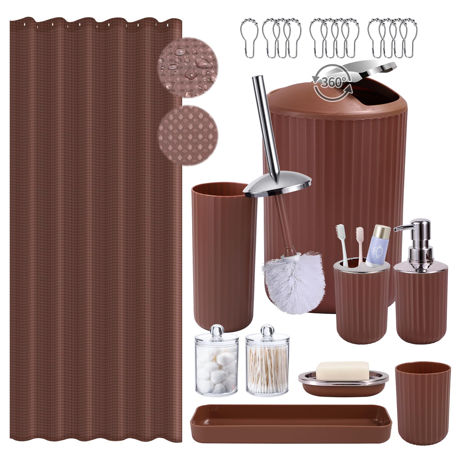 XLHOMO Brown Bathroom Accessories Set Complete with Shower Curtain10-Piece Bathroom Sets with Trash CanToothbrush HolderToothbrush CupSoap DispenserSoap DishToilet BrushTray and Qtip Holder