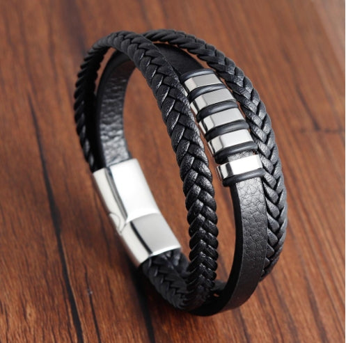 Men's Multi-Layer Braided Leather Bracelet in Stainless Steel