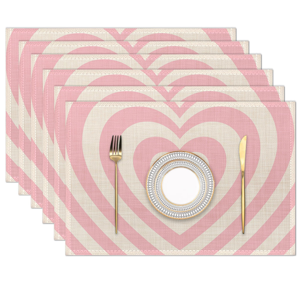 Heart Pink Groovy Placemats Set of 6 Place Mats for Kitchen Table Washable Farmhouse Linen Table Mats Dining Decoration 12x18 Inch