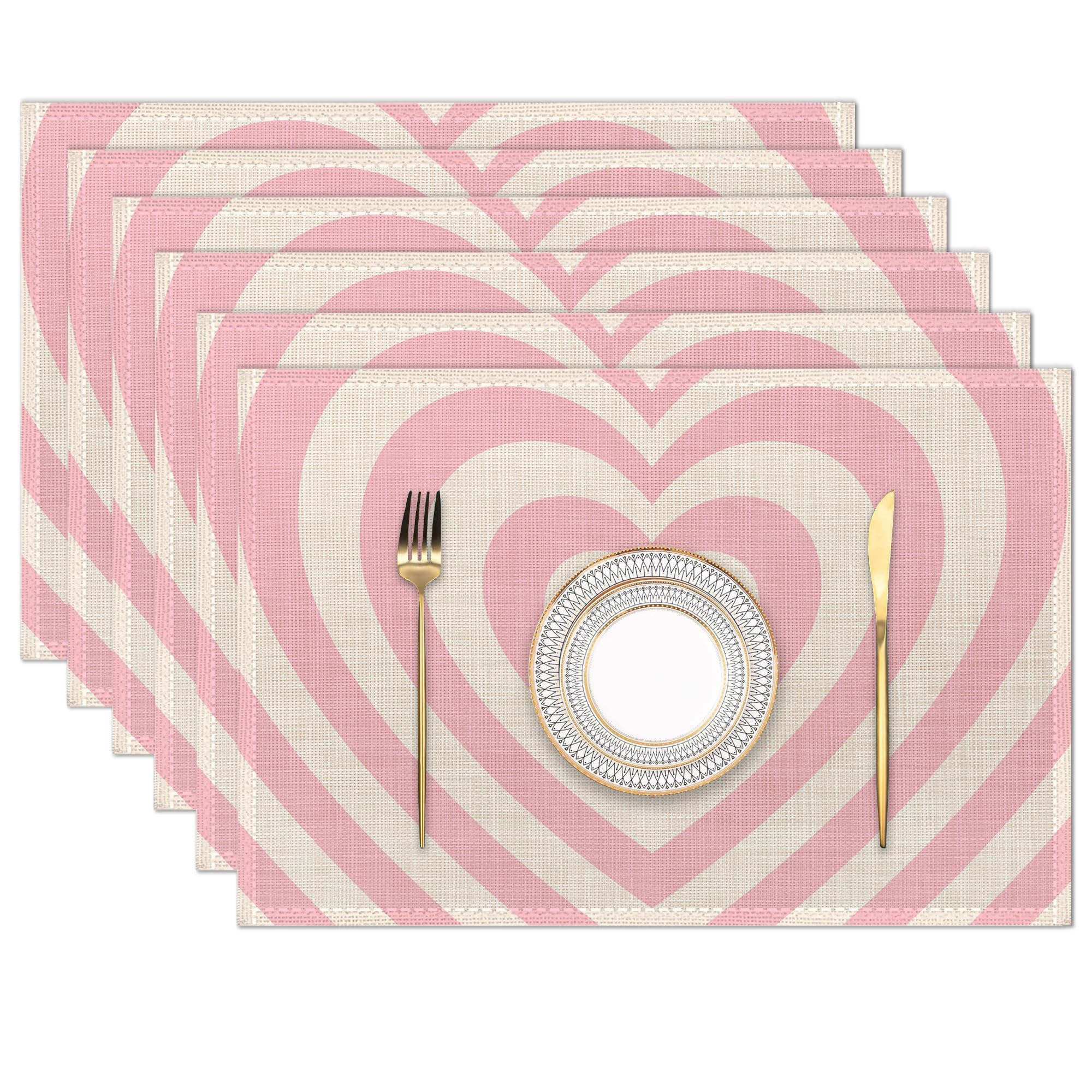 Heart Pink Groovy Placemats Set of 6 Place Mats for Kitchen Table Washable Farmhouse Linen Table Mats Dining Decoration 12x18 Inch