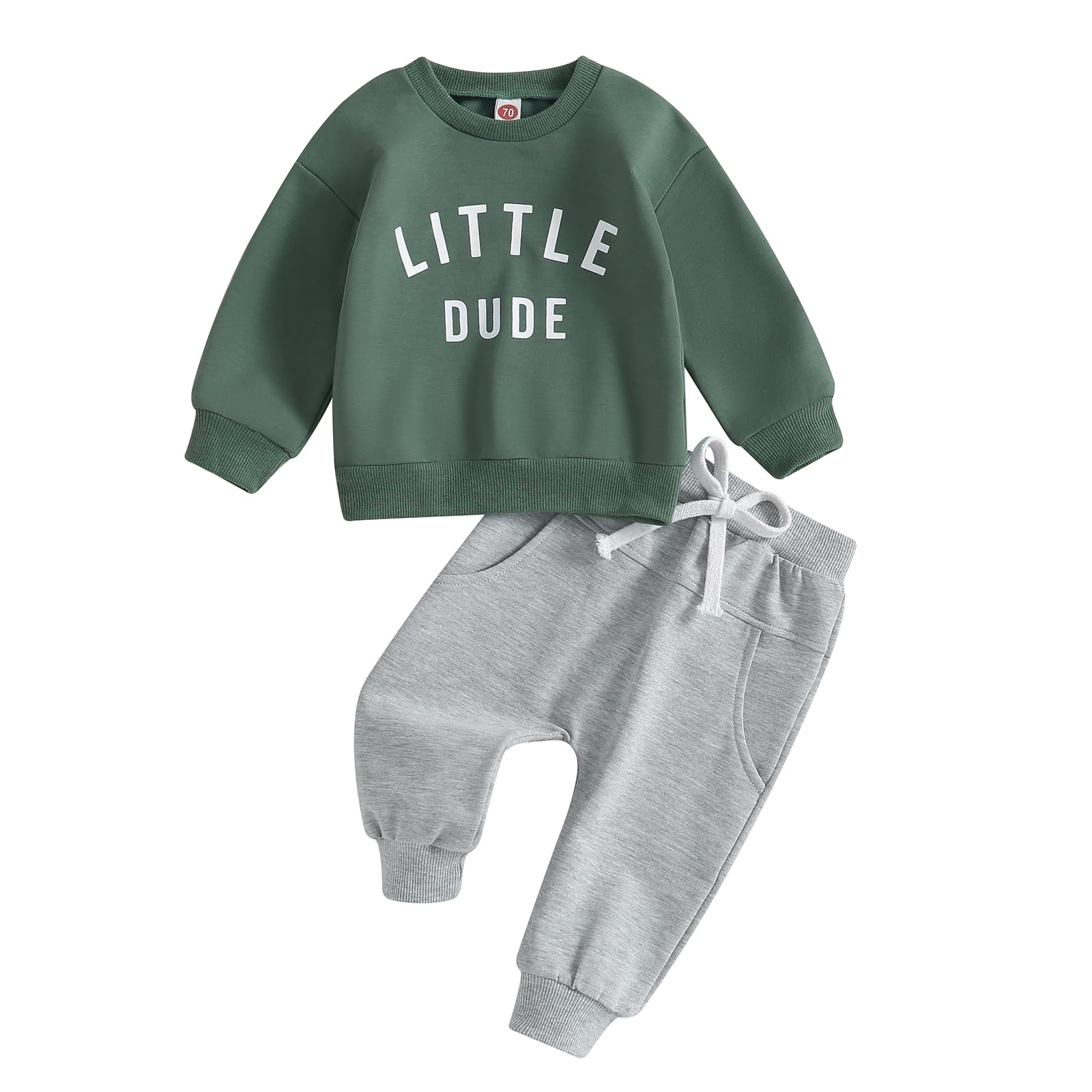 Baby Toddler Boys Fall Winter Outfits Little Dude Letter Printed Long Sleeve Sweatshirts Pants 2Pcs Clothes Set (Dark Green 18-24 Months)