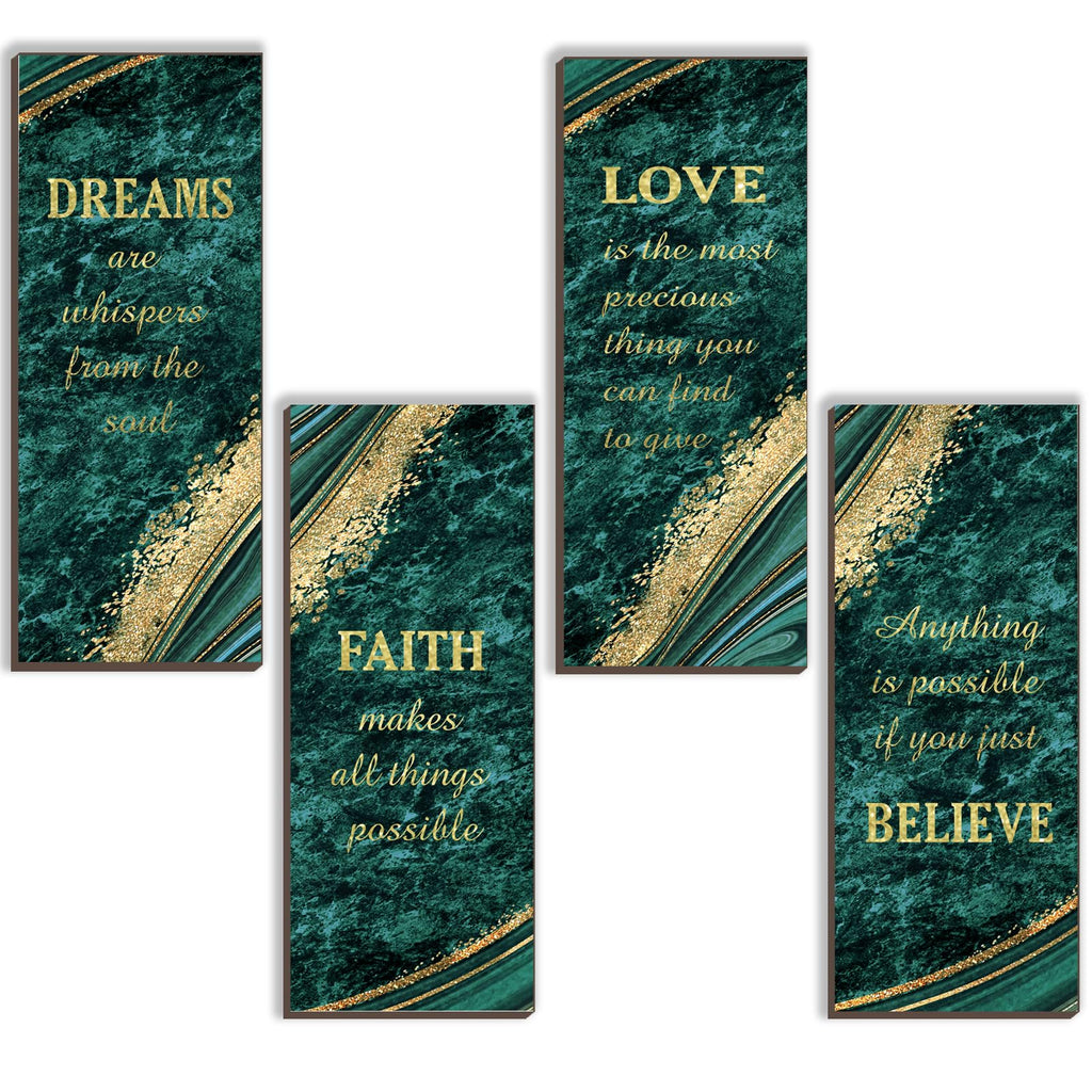 ONIZHITY 4 Pcs Green Gold Bathroom Decor Green Gold Wall Decor with Dreams Faith Love Believe Wooden Rustic Marble Style Versatile Bathroom Accessories for Bedroom Living Room(Green Gold 10X4)