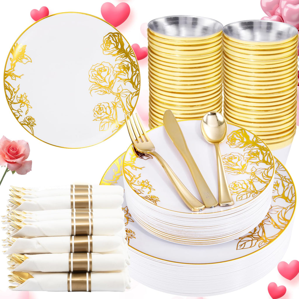 DaYammi 210PCS Pink Gold Plastic PlatesGold Disposable Dinnerware Set Includes 60 Gold Pink Plates30 Gold Plastic Silverware30 Per Rolled Napkins30 Gold Rim Plastic Cups for Valentine’s Day Party