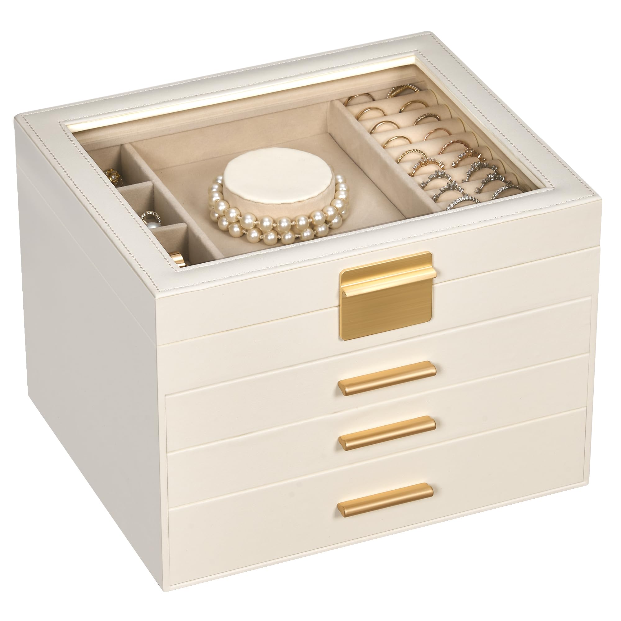 Selenvia Jewelry Box for Women Glass Lid Jewelry Organizer Box with 3 Drawers for Earrings Necklaces Rings Bracelets Modern Style Jewelry Storage Birthday Christmas Gifts for Women Cloud White