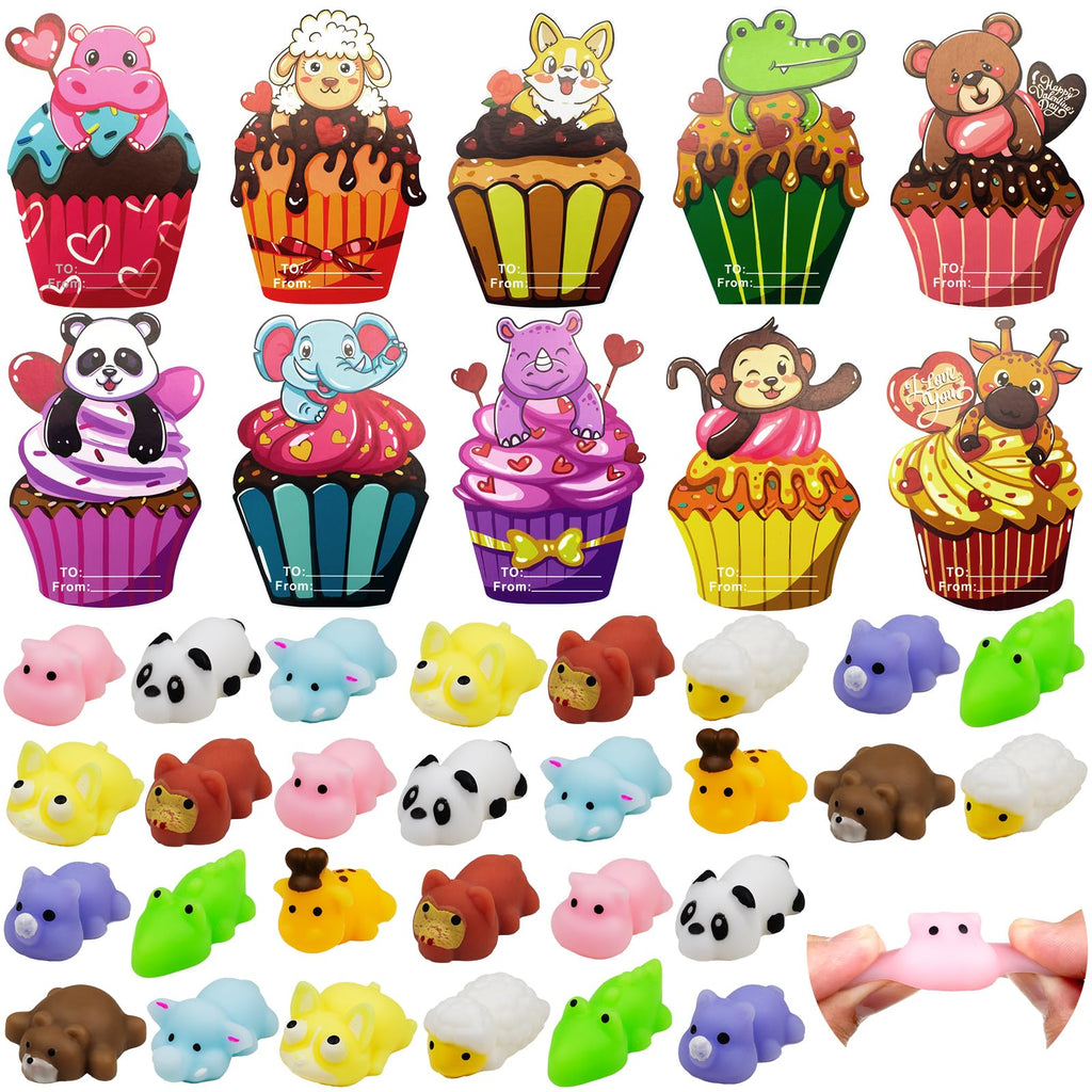 Mochi Squishy Toys 28 Packs - Mini Kawaii Stress Relief Toys and Valentine Cards for Kids Valentine Classroom Exchange Party Favors- Valentines Day Gifts for Children Classroom Prizes