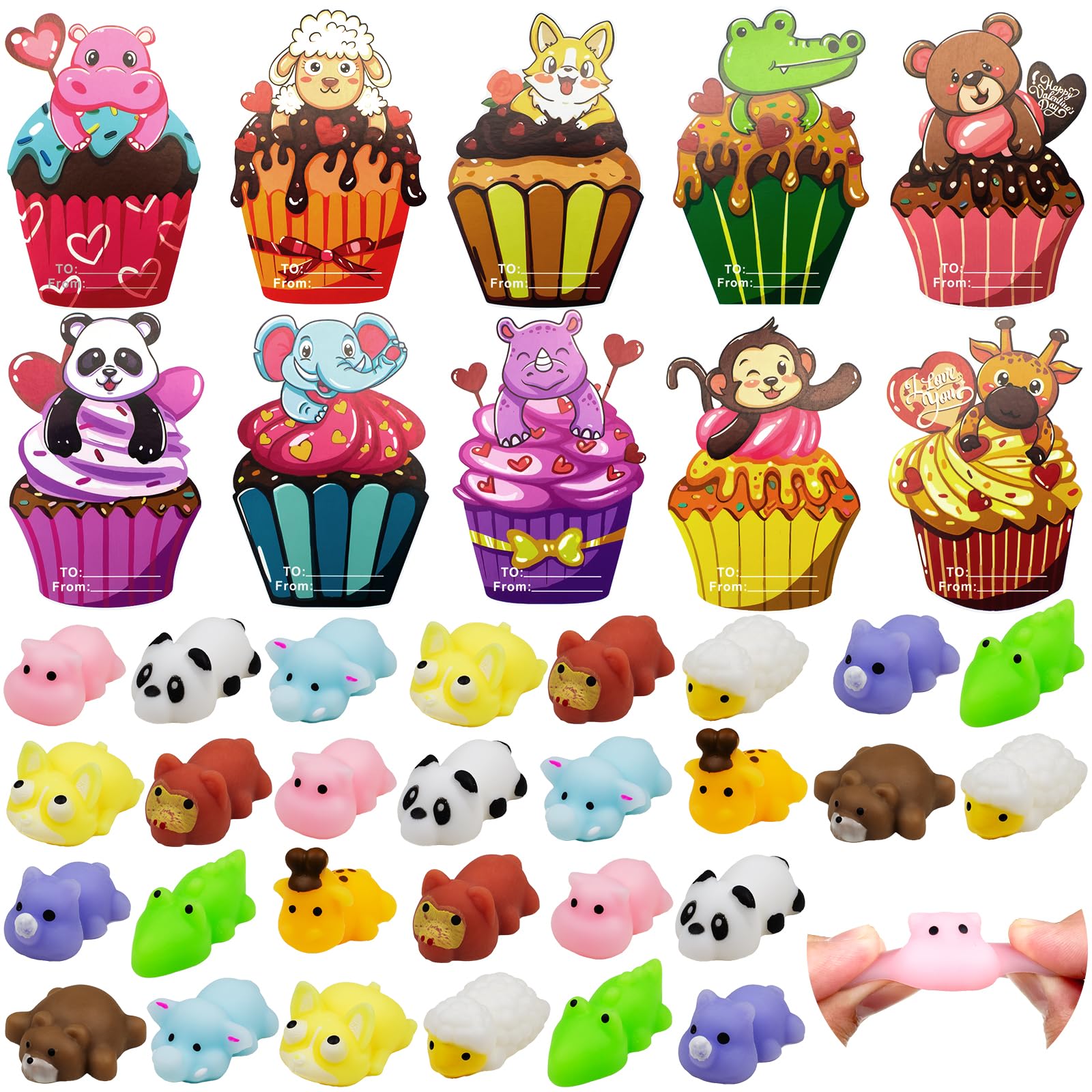 Mochi Squishy Toys 28 Packs - Mini Kawaii Stress Relief Toys and Valentine Cards for Kids Valentine Classroom Exchange Party Favors- Valentines Day Gifts for Children Classroom Prizes