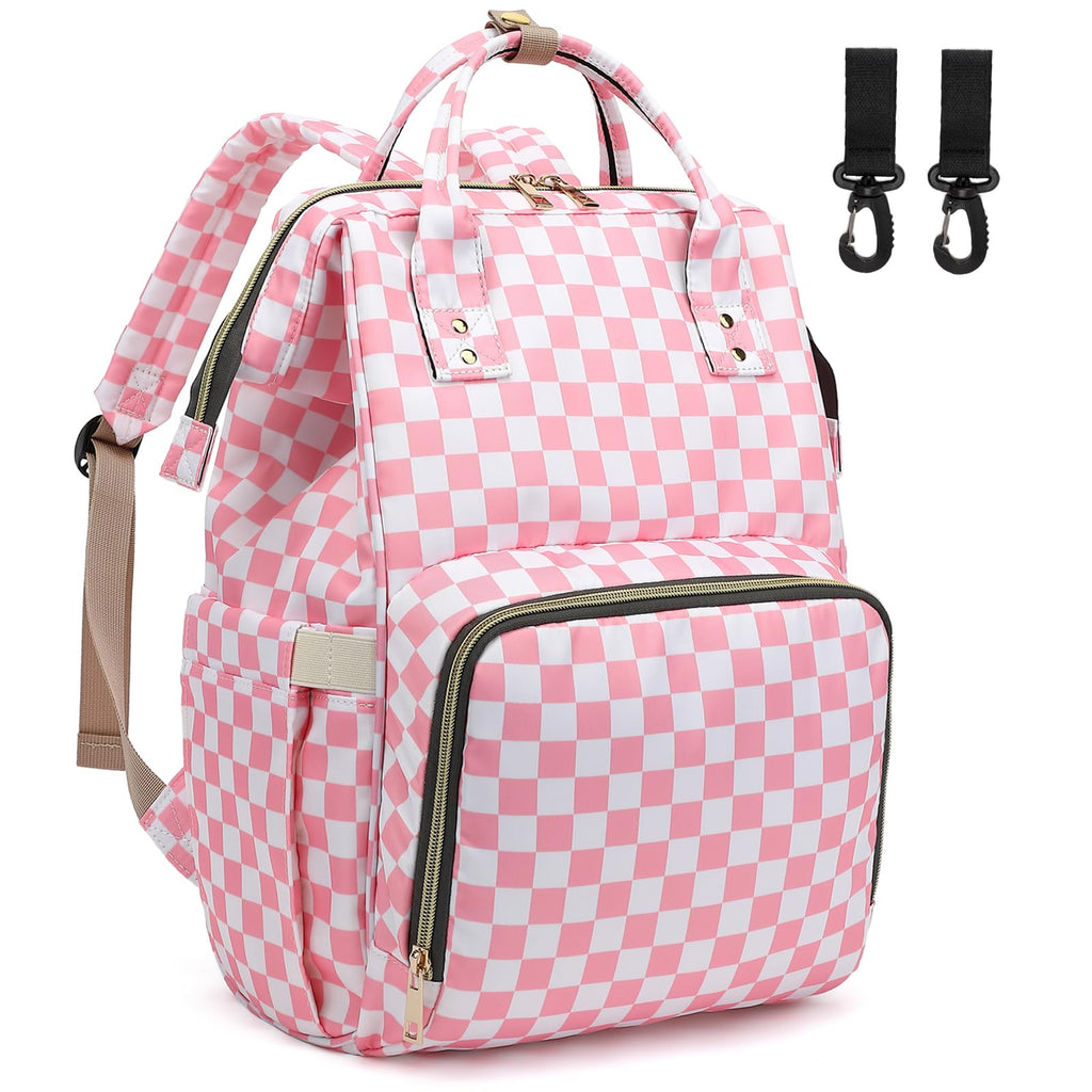 Dezcrab Checkered Pink Baby Diaper Bag Backpack for Women Large Capacity Waterproof Maternity Travel Nappy Backpacks with Stroller Straps
