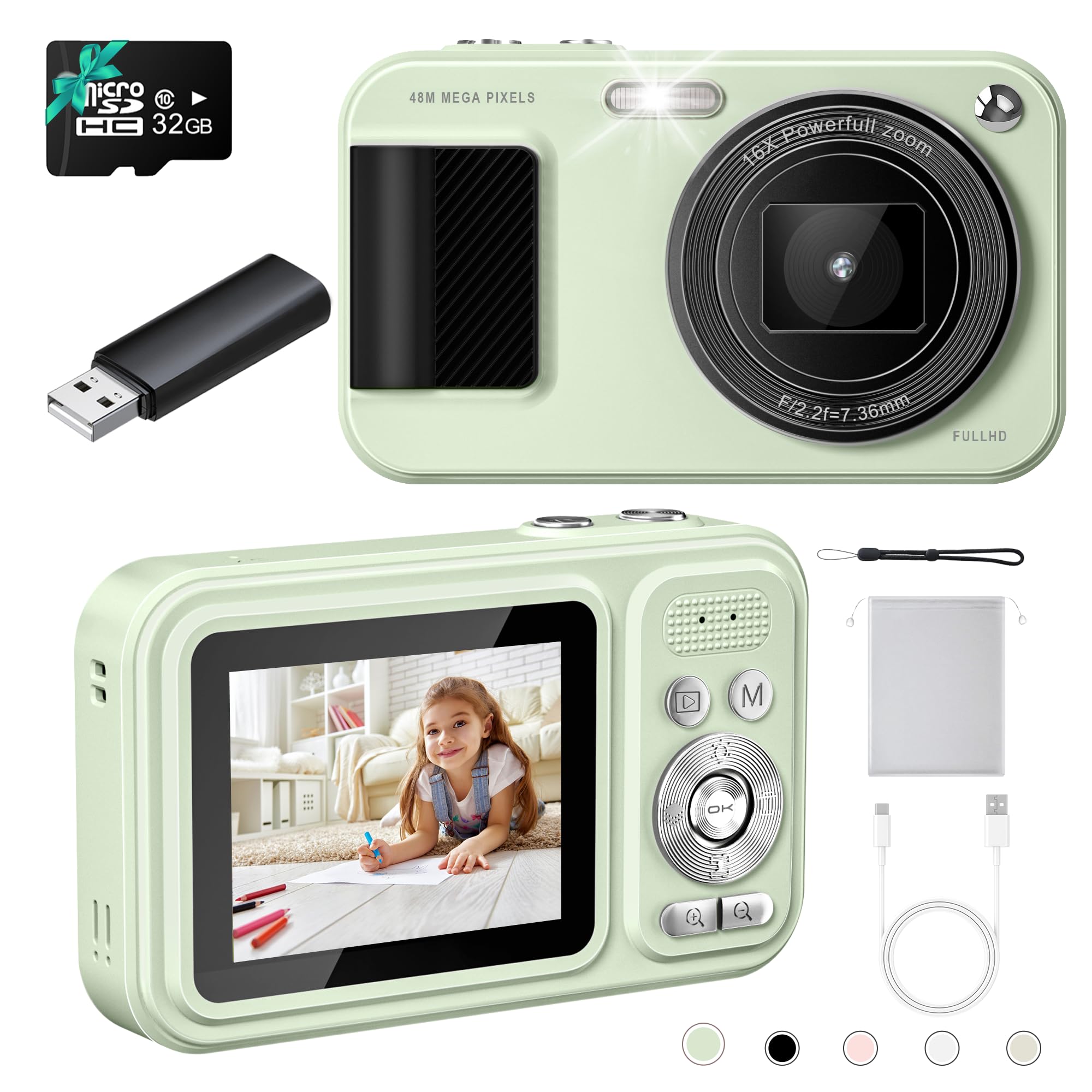 Digital Camera Student Cameras with 32GB Card. Autofocus 48MP Point and Shoot Digital Cameras 16X Zoom Anti-Shake Vlogging Camera Compact Small Cameras for Boys Girls Teenagers