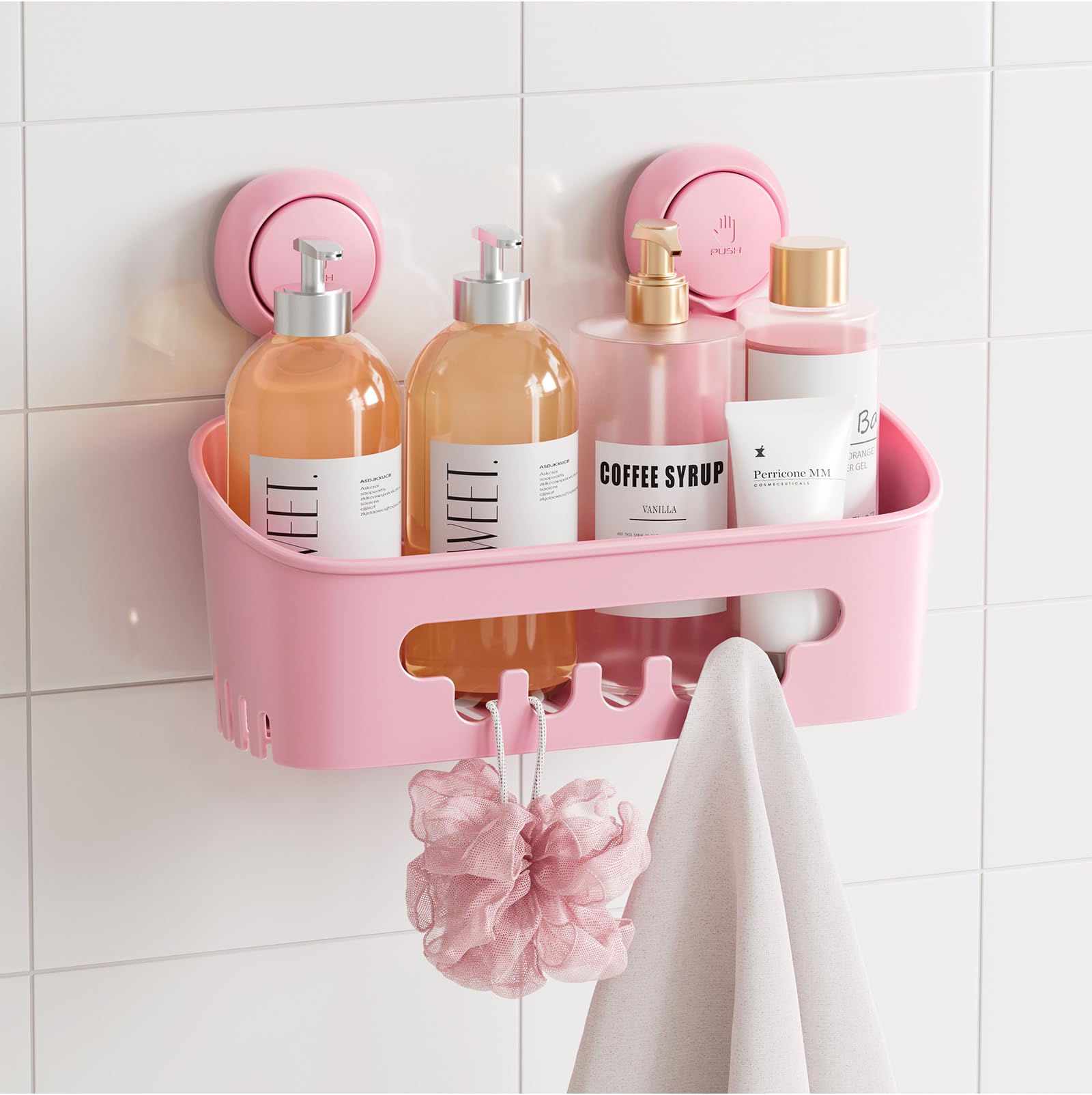 TAILI Shower Caddy Suction Cup Heavy Duty Bathroom Organizer Removable Shelves for Inside Shower Shampoo Waterproof Suction Plastic Storage for Bathroom Accessories Holder Pink