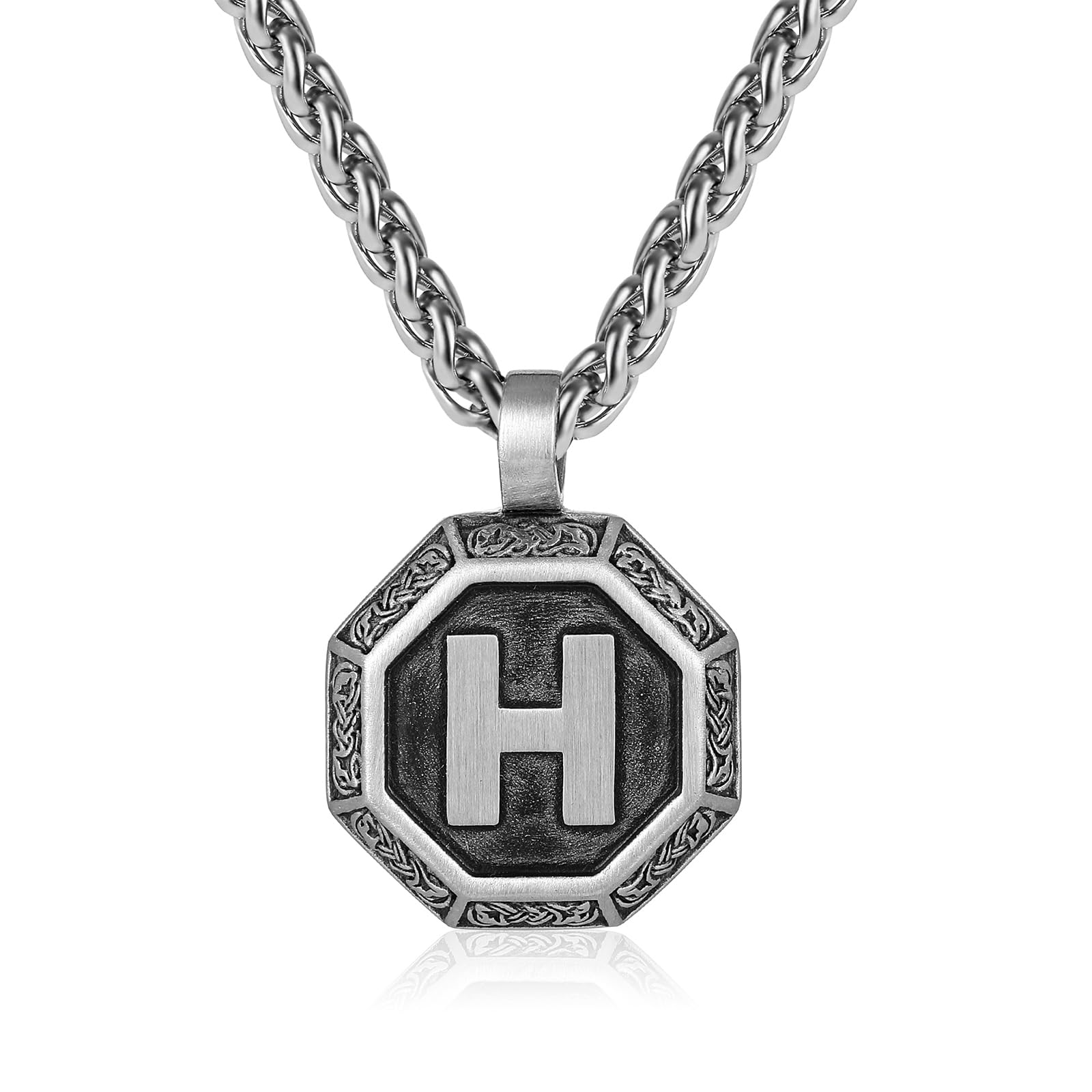 Zocomi Initial H Letter Necklace for Men Stainless Steel Vintage Gothic Viking Retro Octagon Pendant Chain Chunky Jewelry Gifts Silver