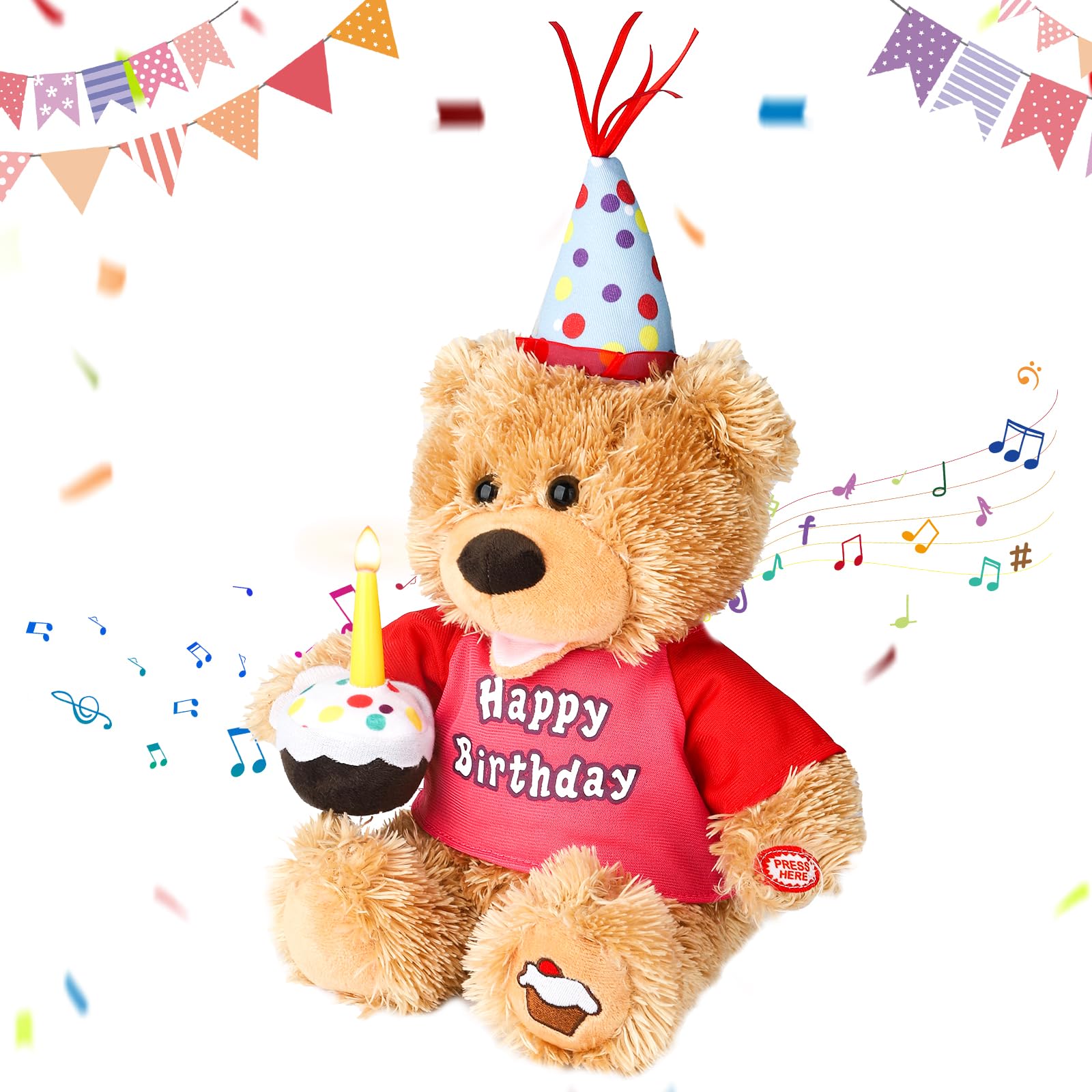Humor Ted Birthday Gifts Baby Toys Teddy Bear Stuffed Animals Dancing Singing Musical Plush Electric Toy with Cupcake Light up Led Candle Gifts for Kids Girls Birthday Gifts for Women12 Inchs