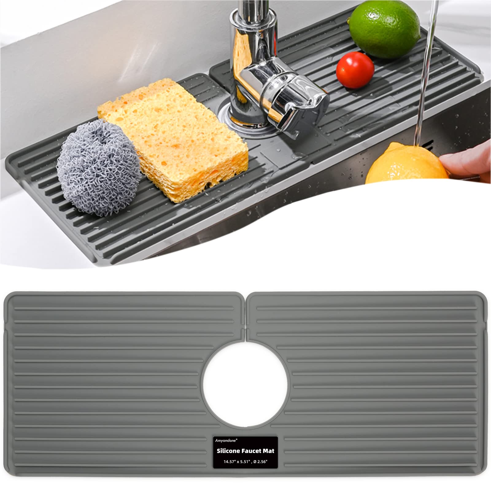 Amyandone Faucet Mat for Kitchen Sink Silicone Faucet Handle Drip Catcher Tray Drying Mat as Sponge and Soap Holder with Lateral Inflow for Kitchen Bathroom Farmhouse & RV Sink Accessories (Grey)