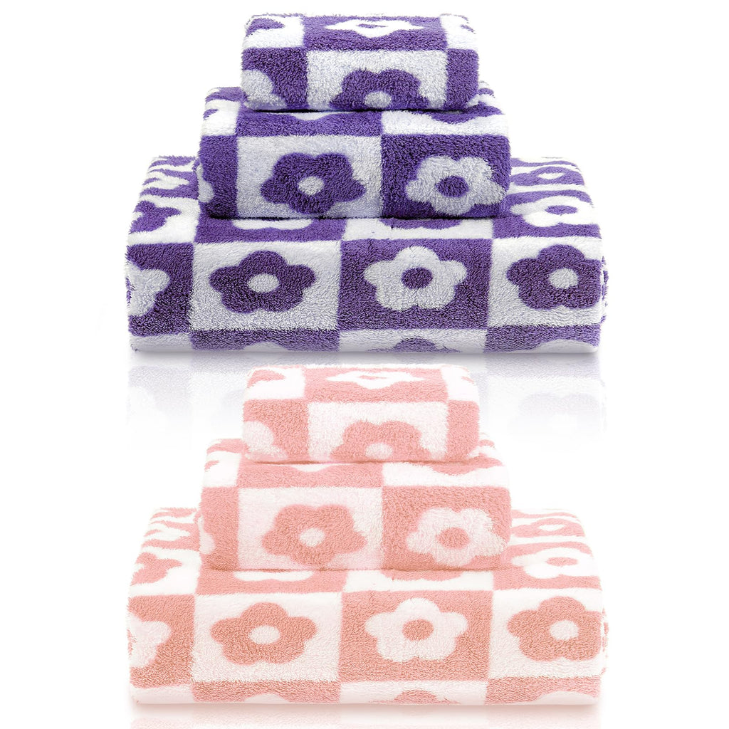Kinlop 6 Pcs Coral Fleece Bath Towel Set 2 Bath Towel 2 Hand Towel 2 Washcloth Quick Dry Lightweight Bathroom Towel Set for Bathroom Home Gym Spa Beach Accessories(PinkPurpleFlower)