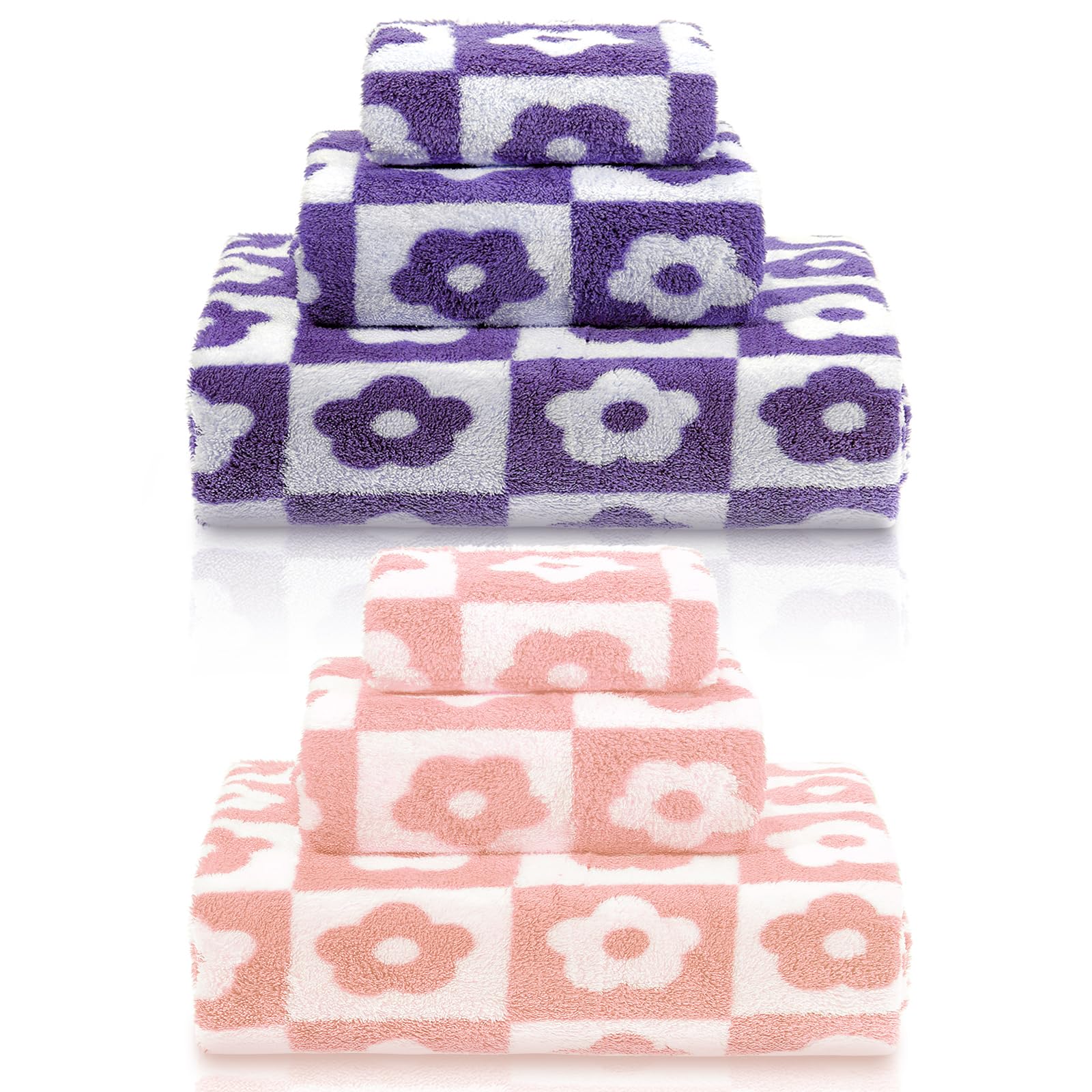 Kinlop 6 Pcs Coral Fleece Bath Towel Set 2 Bath Towel 2 Hand Towel 2 Washcloth Quick Dry Lightweight Bathroom Towel Set for Bathroom Home Gym Spa Beach Accessories(PinkPurpleFlower)
