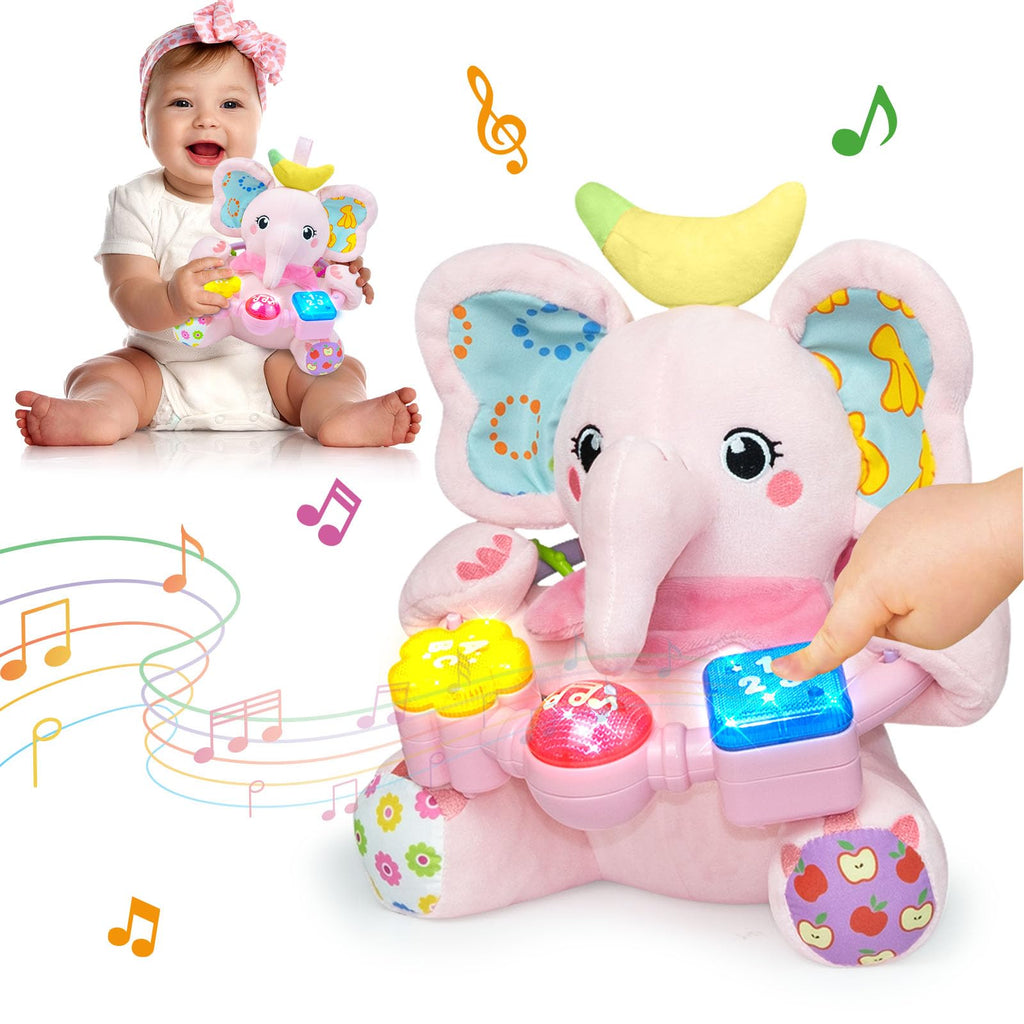 Ryotagift Baby Bilingual Musical Elephant Stuffed Animals ToysInfant Early Learning Toys with Light-Up Music & CrinkleTummy Time Toys for 0 3 6 9 12+ Months for Baby Boy Girl GiftPink