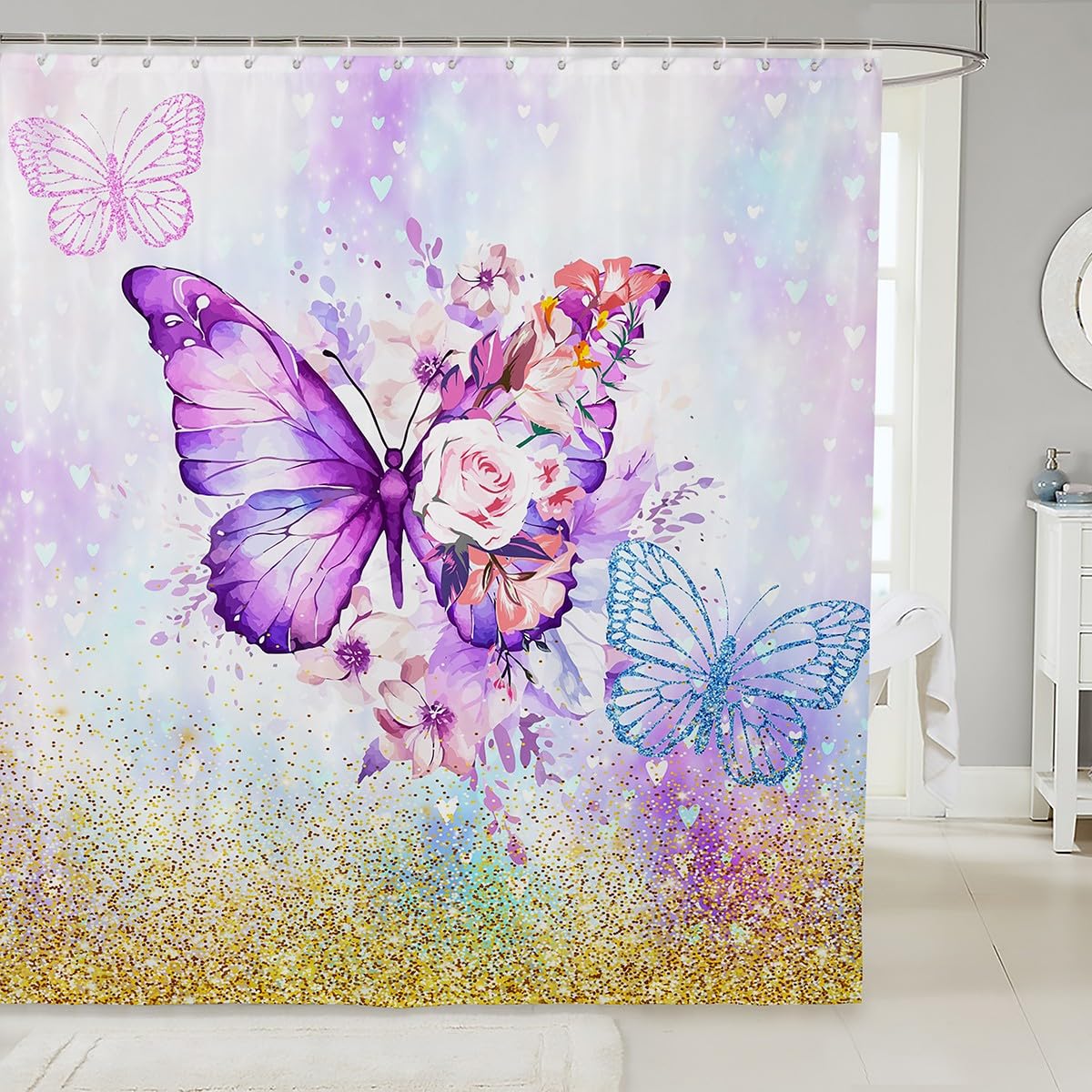 jejeloiu Butterfly Shower Curtain 72"x78" Flower Floral Bathroom Shower Curtain Set Beautiful Girly Bath Curtain Purple Glitter Kids Bathroom Accessories（No Glitter）
