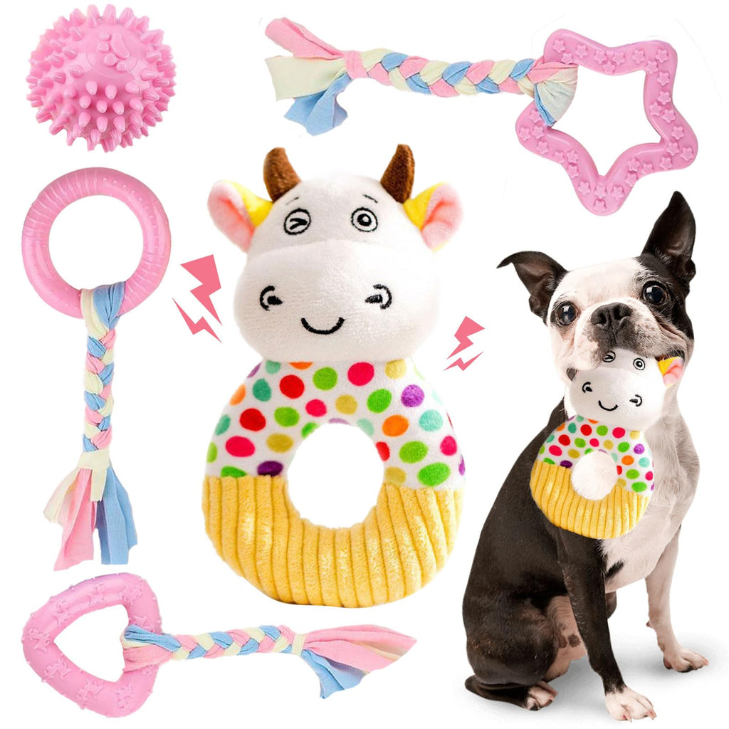 5 Pack Puppy Toys Teething Toys Small Dog Toys for Puppy Chew Toys Dog Toy Pack Toys for Small Breed Dogs Cow Squeaky Plush Dog Ball Girl Dog Toys to Keep Them Busy Rubber Pink Dog Birthday Toy