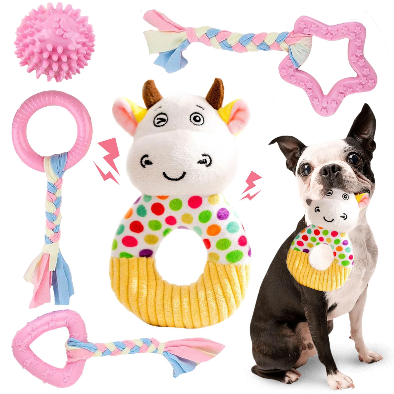 5 Pack Puppy Toys Teething Toys Small Dog Toys for Puppy Chew Toys Dog Toy Pack Toys for Small Breed Dogs Cow Squeaky Plush Dog Ball Girl Dog Toys to Keep Them Busy Rubber Pink Dog Birthday Toy