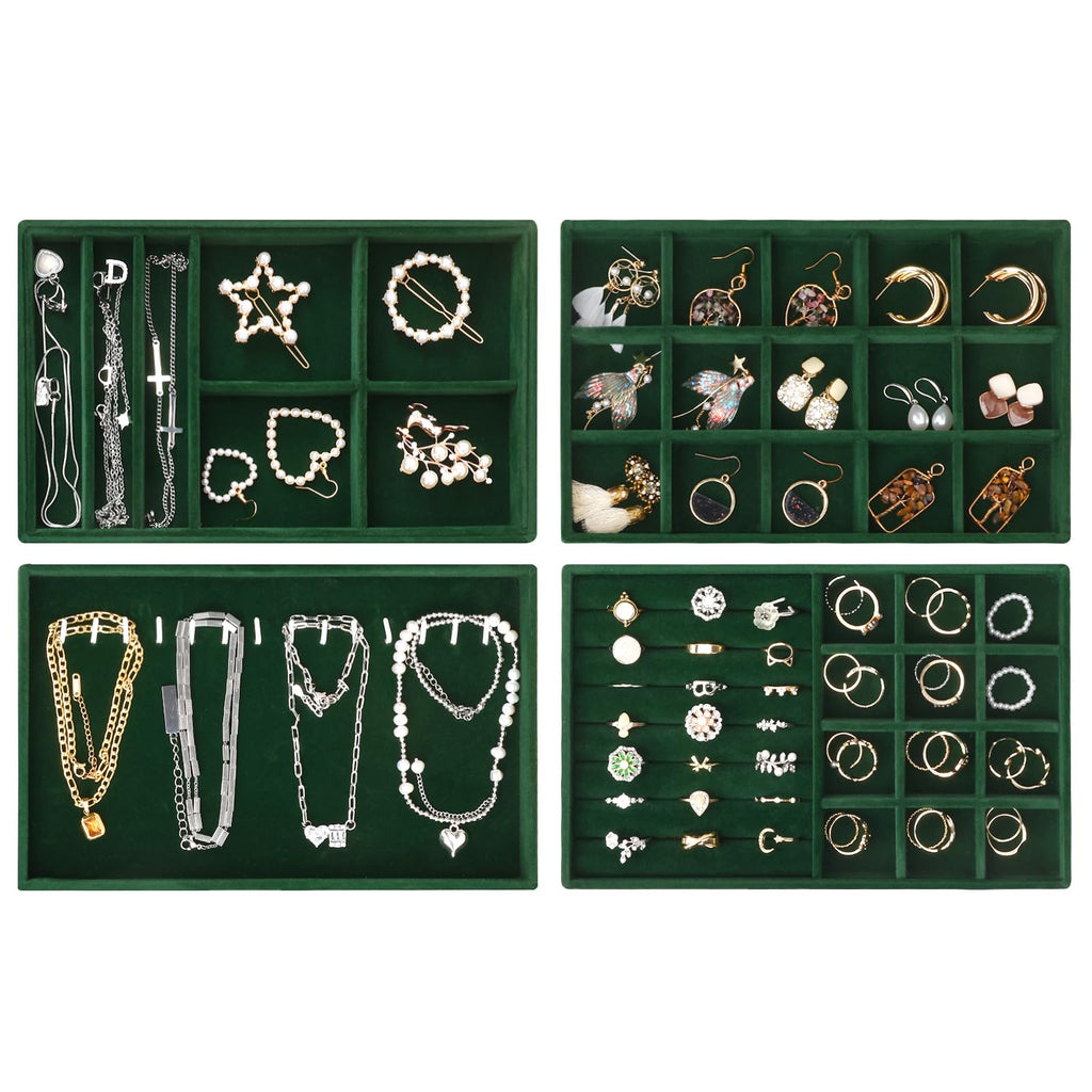 Fixwal Jewelry Tray 9in Set of 4 Stackable Jewelry Organizer Trays for Drawers Jewelry Storage for Earring Necklace Bracelet Watch with Removable Divider Dark Green