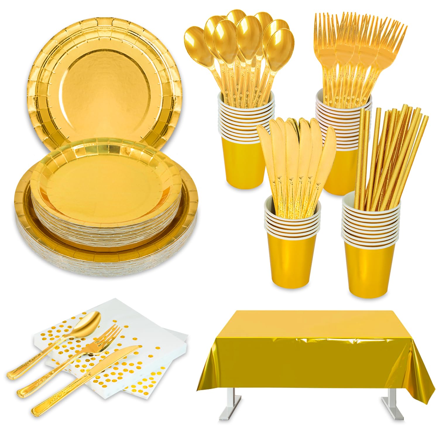 201 Pieces Gold Disposable Party Dinnerware Set - Gold Paper Plates Napkins Cups Tubes Gold Plastic Forks Knives Spoons and tablecloth serve for 25 Guests