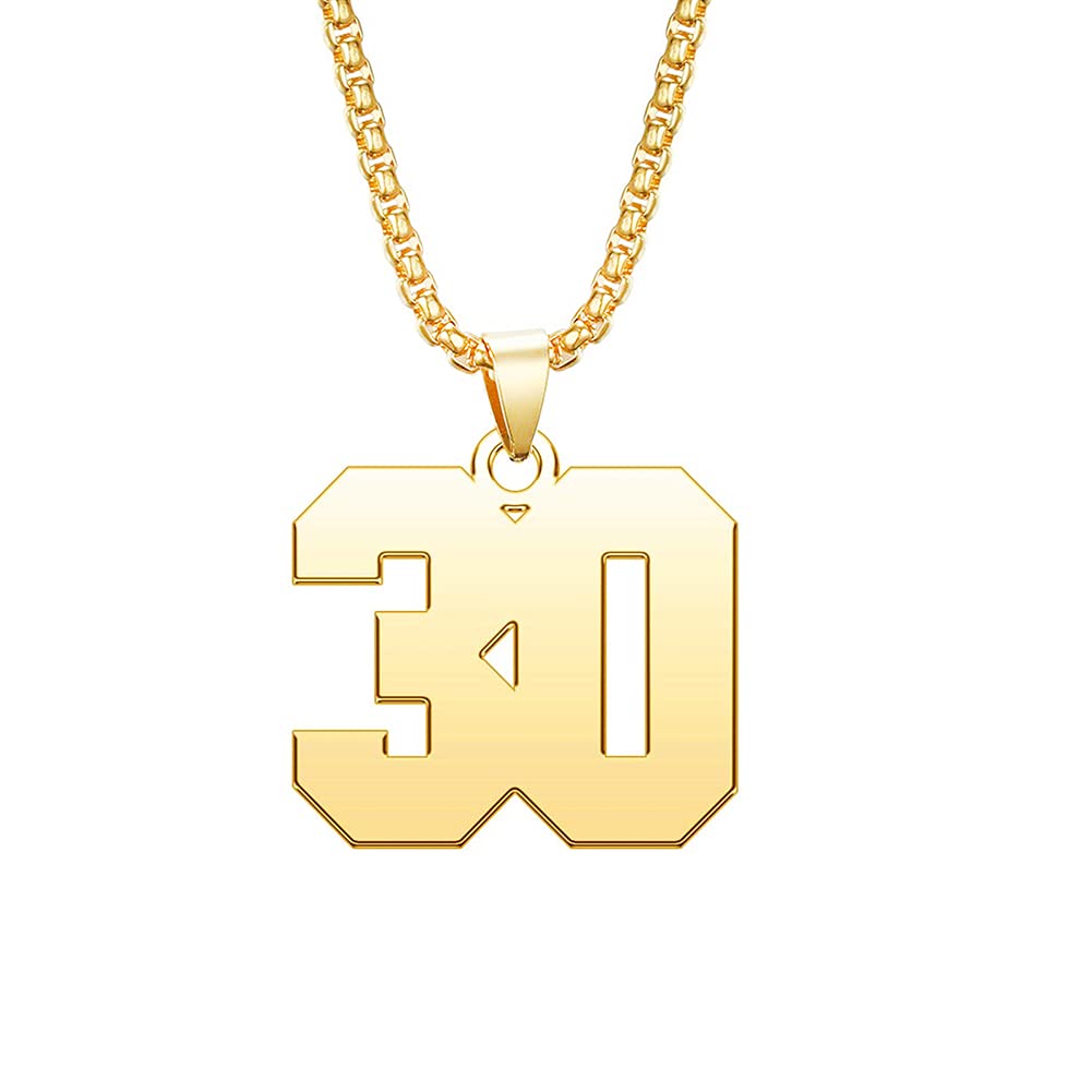 NanMuc Men Number Necklace for Women 18K Gold Plated Sports Initial Stainless Steel Necklace Pendant Personalized Jewelry 3mm Chain (Gold 30-)
