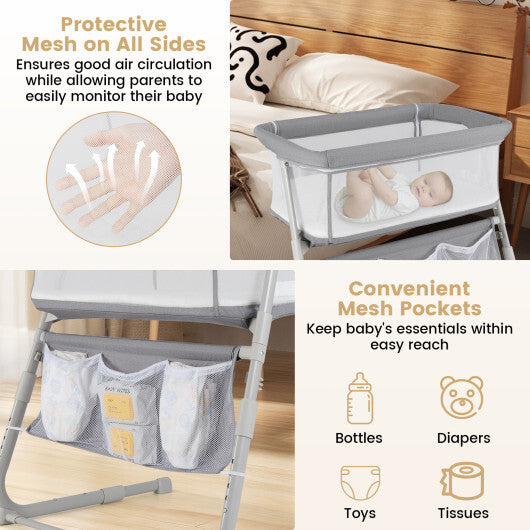 Baby Bassinet Bedside Crib with Adjustable Height Comfy Mattress-Gray - Color: Gray