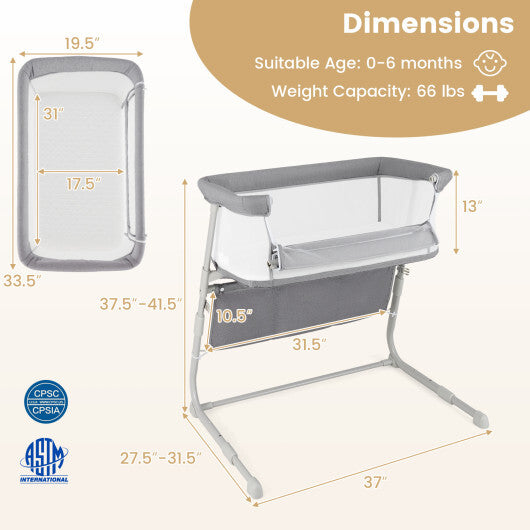 Baby Bassinet Bedside Crib with Adjustable Height Comfy Mattress-Gray - Color: Gray