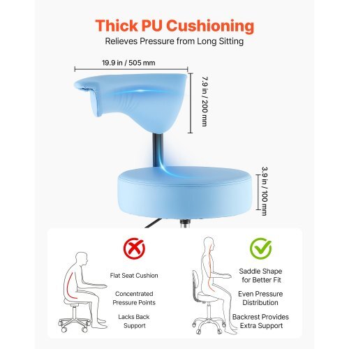 Rolling Stool with Back Support, 500 lbs Weight Capacity, Height Adjustable, Thick Cushion Ergonomic PU Leather Seat, 360? Swivel Round Rolling Stool Chair for Dental, Salon, Clinic, Blue