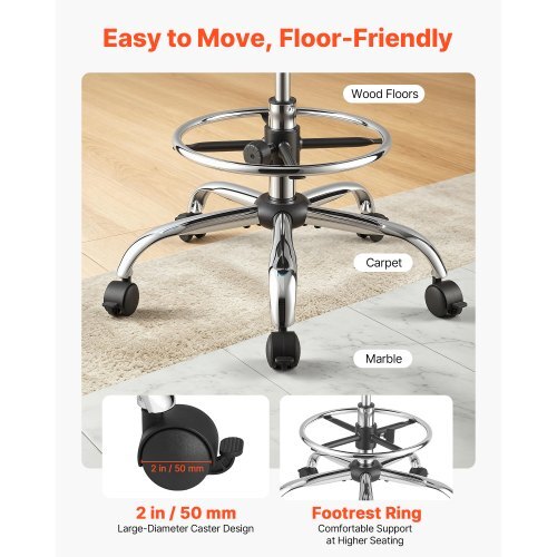 Rolling Stool with Back Support, 500 lbs Weight Capacity, Height Adjustable, Thick Cushion Ergonomic PU Leather Seat, 360? Swivel Round Rolling Stool Chair for Dental, Salon, Clinic, Blue