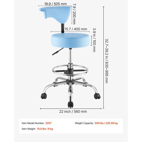 Rolling Stool with Back Support, 500 lbs Weight Capacity, Height Adjustable, Thick Cushion Ergonomic PU Leather Seat, 360? Swivel Round Rolling Stool Chair for Dental, Salon, Clinic, Blue