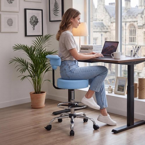 Rolling Stool with Back Support, 500 lbs Weight Capacity, Height Adjustable, Thick Cushion Ergonomic PU Leather Seat, 360? Swivel Round Rolling Stool Chair for Dental, Salon, Clinic, Blue