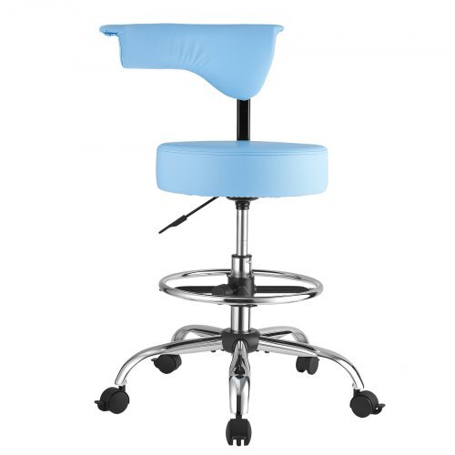 Rolling Stool with Back Support, 500 lbs Weight Capacity, Height Adjustable, Thick Cushion Ergonomic PU Leather Seat, 360? Swivel Round Rolling Stool Chair for Dental, Salon, Clinic, Blue
