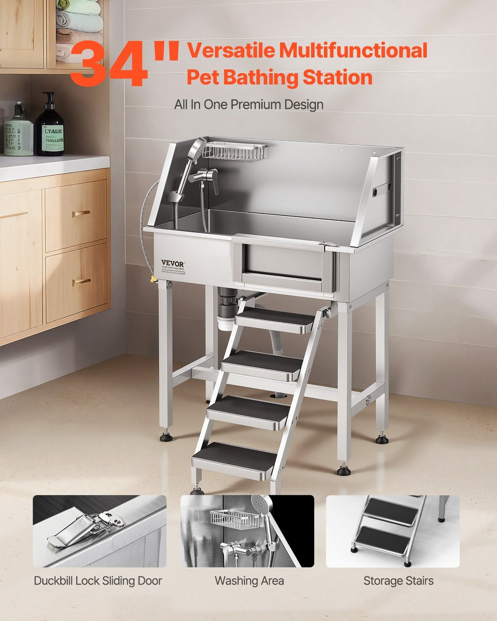34" Dog Washing Station, Stainless Steel Pet Grooming Tub Bathtub, Professional Dog Wash Sink with Shower, Faucet, Soap Holder, Non-Slip Stairs Easy-Clean Design for Small Pets Cats (Right Door)