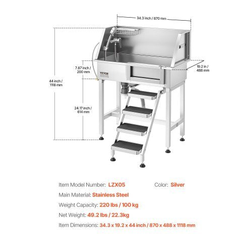 34" Dog Washing Station, Stainless Steel Pet Grooming Tub Bathtub, Professional Dog Wash Sink with Shower, Faucet, Soap Holder, Non-Slip Stairs Easy-Clean Design for Small Pets Cats (Right Door)