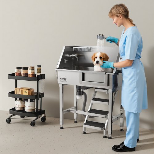 34" Dog Washing Station, Stainless Steel Pet Grooming Tub Bathtub, Professional Dog Wash Sink with Shower, Faucet, Soap Holder, Non-Slip Stairs Easy-Clean Design for Small Pets Cats (Right Door)