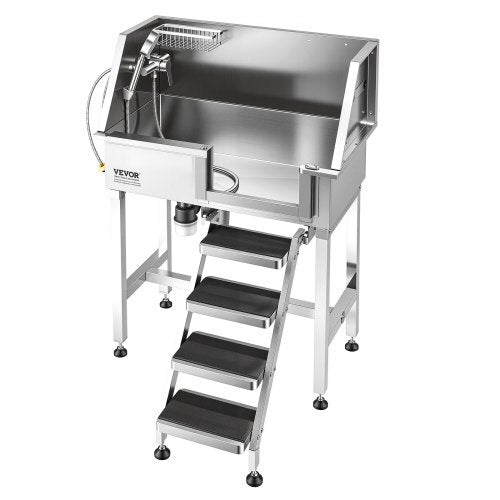 34" Dog Washing Station, Stainless Steel Pet Grooming Tub Bathtub, Professional Dog Wash Sink with Shower, Faucet, Soap Holder, Non-Slip Stairs Easy-Clean Design for Small Pets Cats (Right Door)