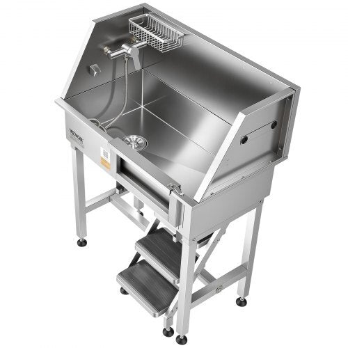 34" Dog Washing Station, Stainless Steel Pet Grooming Tub Bathtub, Professional Dog Wash Sink with Shower, Faucet, Soap Holder, Non-Slip Stairs Easy-Clean Design for Small Pets Cats (Right Door)