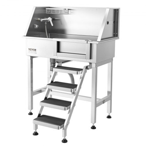 34" Dog Washing Station, Stainless Steel Pet Grooming Tub Bathtub, Professional Dog Wash Sink with Shower, Faucet, Soap Holder, Non-Slip Stairs Easy-Clean Design for Small Pets Cats (Right Door)