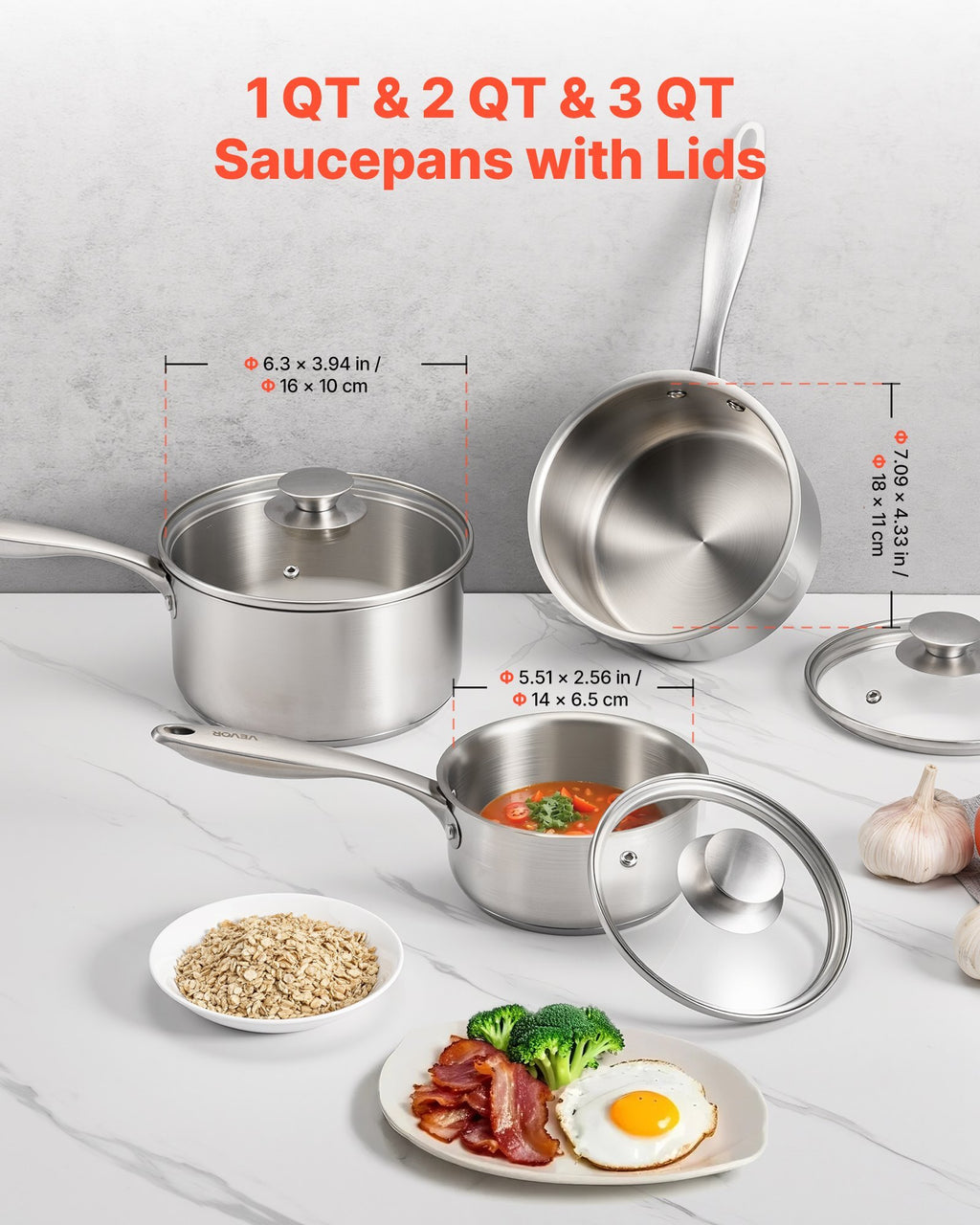 Stainless Steel Saucepan Set, 1 QT & 2 QT & 3 QT Saucepans with Glass Lids, Multipurpose Nonstick Stainless Steel Sauce Pot with Ergonomic Handle, Friendly for Oven, Dishwasher, Induction Cooker