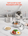 Stainless Steel Saucepan Set, 1 QT & 2 QT & 3 QT Saucepans with Glass Lids, Multipurpose Nonstick Stainless Steel Sauce Pot with Ergonomic Handle, Friendly for Oven, Dishwasher, Induction Cooker