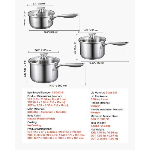 Stainless Steel Saucepan Set, 1 QT & 2 QT & 3 QT Saucepans with Glass Lids, Multipurpose Nonstick Stainless Steel Sauce Pot with Ergonomic Handle, Friendly for Oven, Dishwasher, Induction Cooker