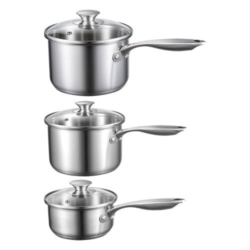 Stainless Steel Saucepan Set, 1 QT & 2 QT & 3 QT Saucepans with Glass Lids, Multipurpose Nonstick Stainless Steel Sauce Pot with Ergonomic Handle, Friendly for Oven, Dishwasher, Induction Cooker