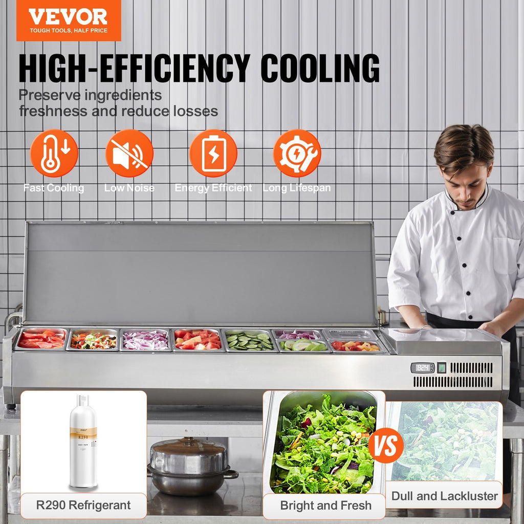 Refrigerated Condiment Prep Station, 160 W Countertop Refrigerated Condiment Station, with 5 1/3 Pans & 4 1/6 Pans, 304 Stainless Body and PC Lid, Sandwich Prep Table with Stainless Guard, ETL