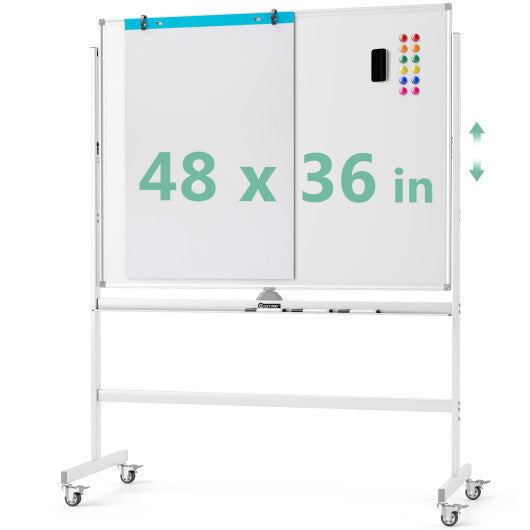 48 x 36 Inches Rolling Double-Sided Whiteboard with Magnetic Surface-White - Color: White