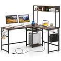 L-shaped Desk with Power Outlet Hutch-Black