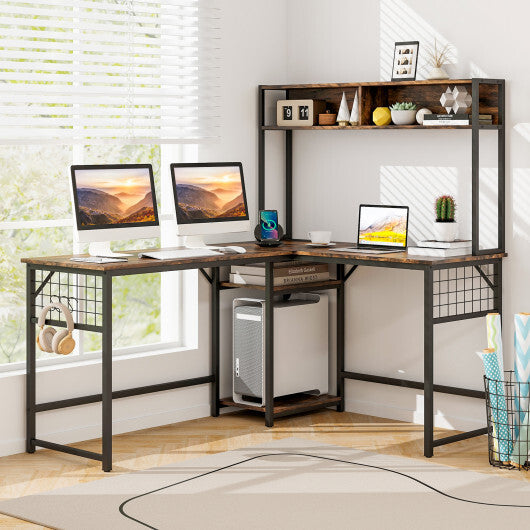 L-shaped Desk with Power Outlet Hutch-Black