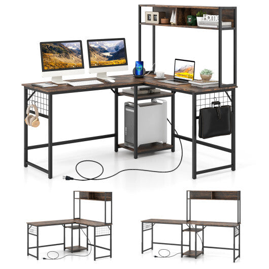 L-shaped Desk with Power Outlet Hutch-Black