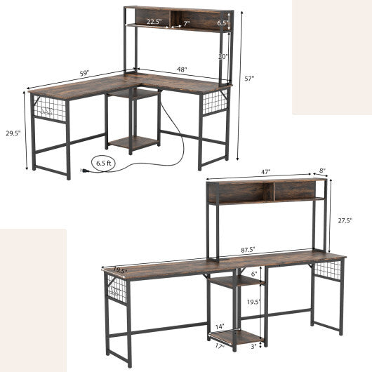 L-shaped Desk with Power Outlet Hutch-Black