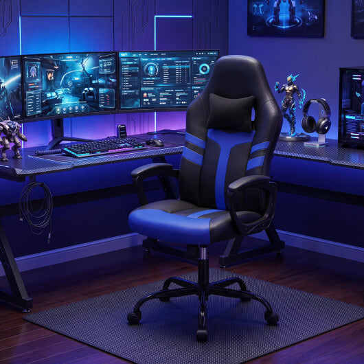 Faux Leather Upholstered Office Chair with Removable Head Pillow and Rocking Function-Blue - Color: Blue